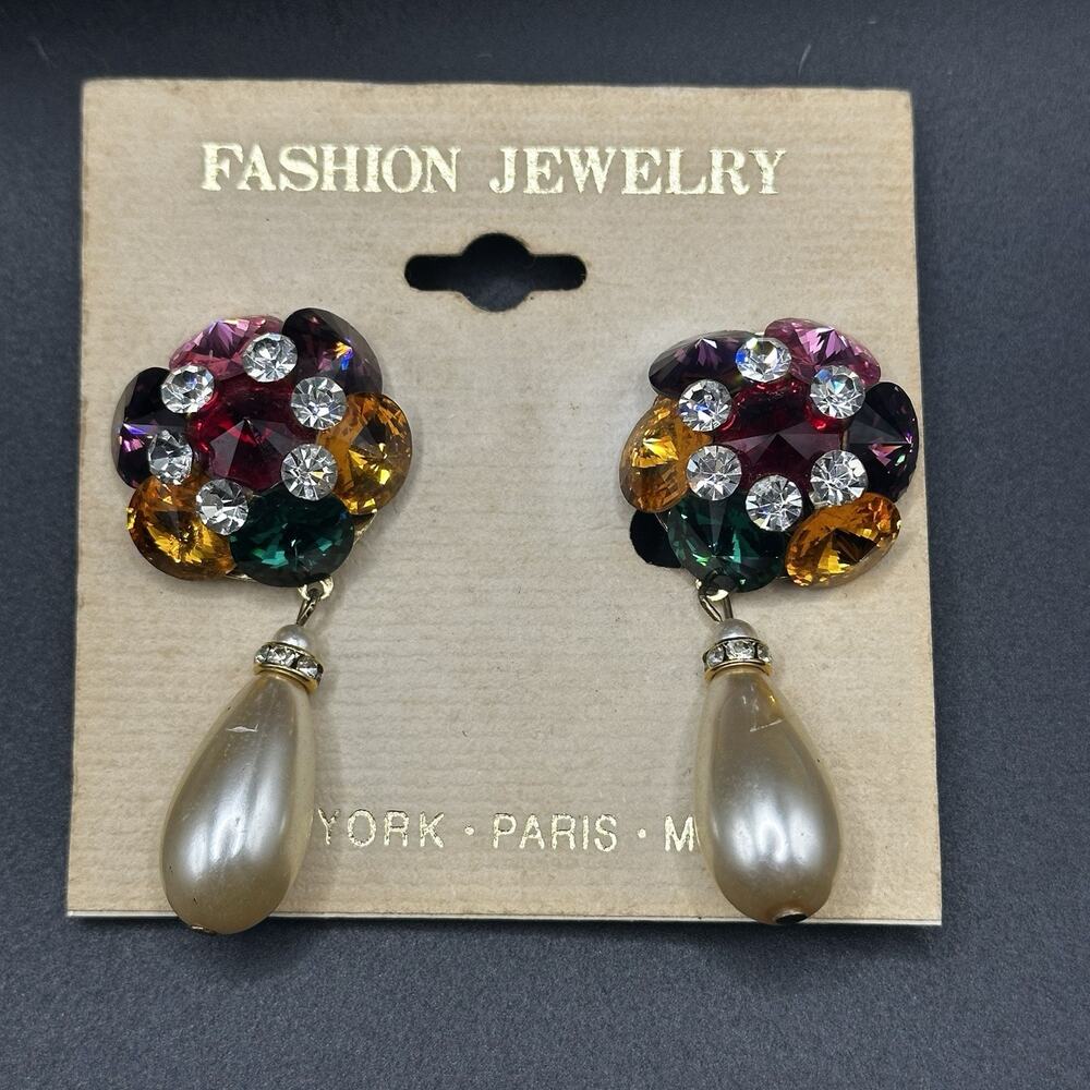 Vintage Multicolor Crystal Dangle Earrings Faux Pearl Rhinestone Gold Tone Clip